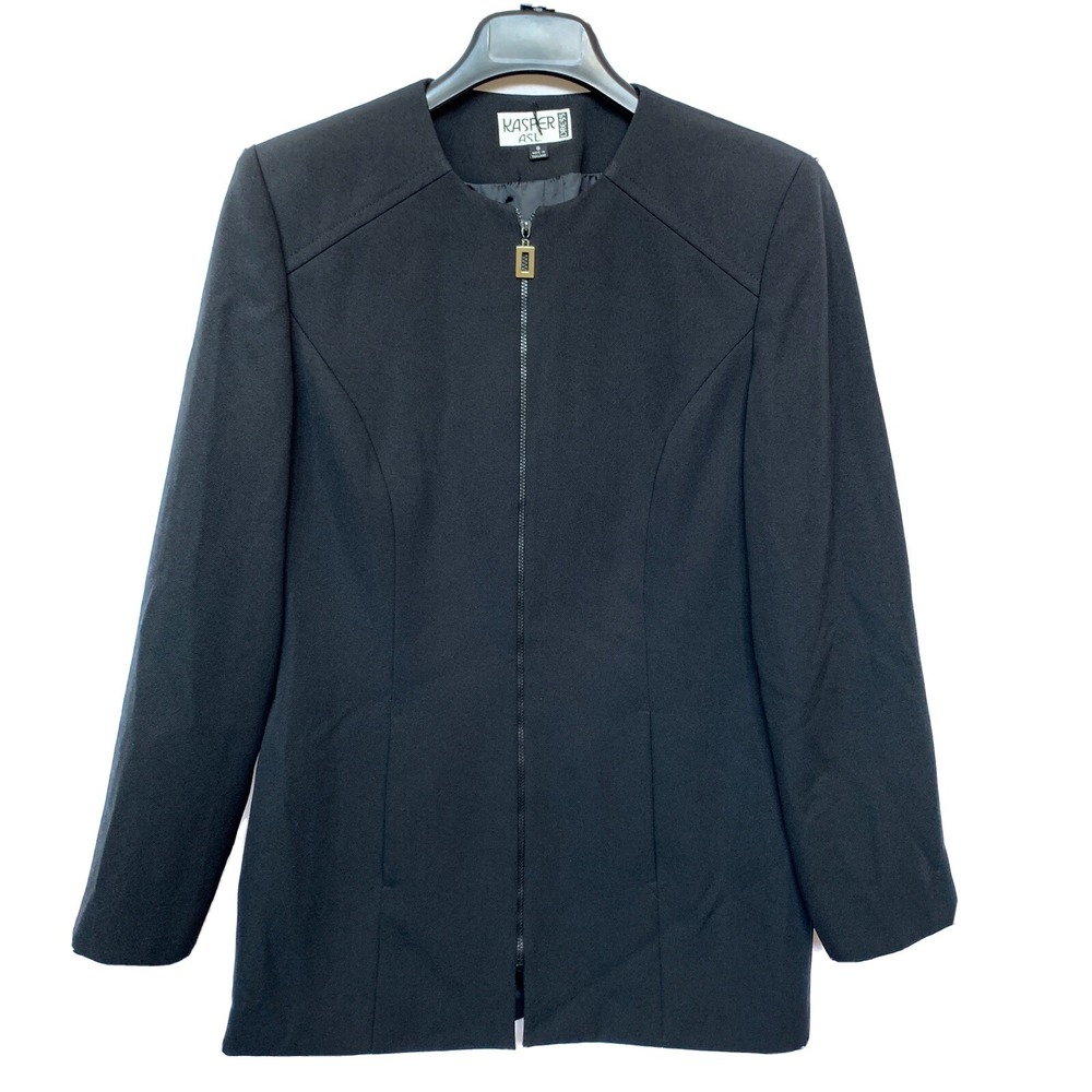 Kasper ASL Zip Front Blazer Womens 8 Black Collarless Crepe Jacket Excellent